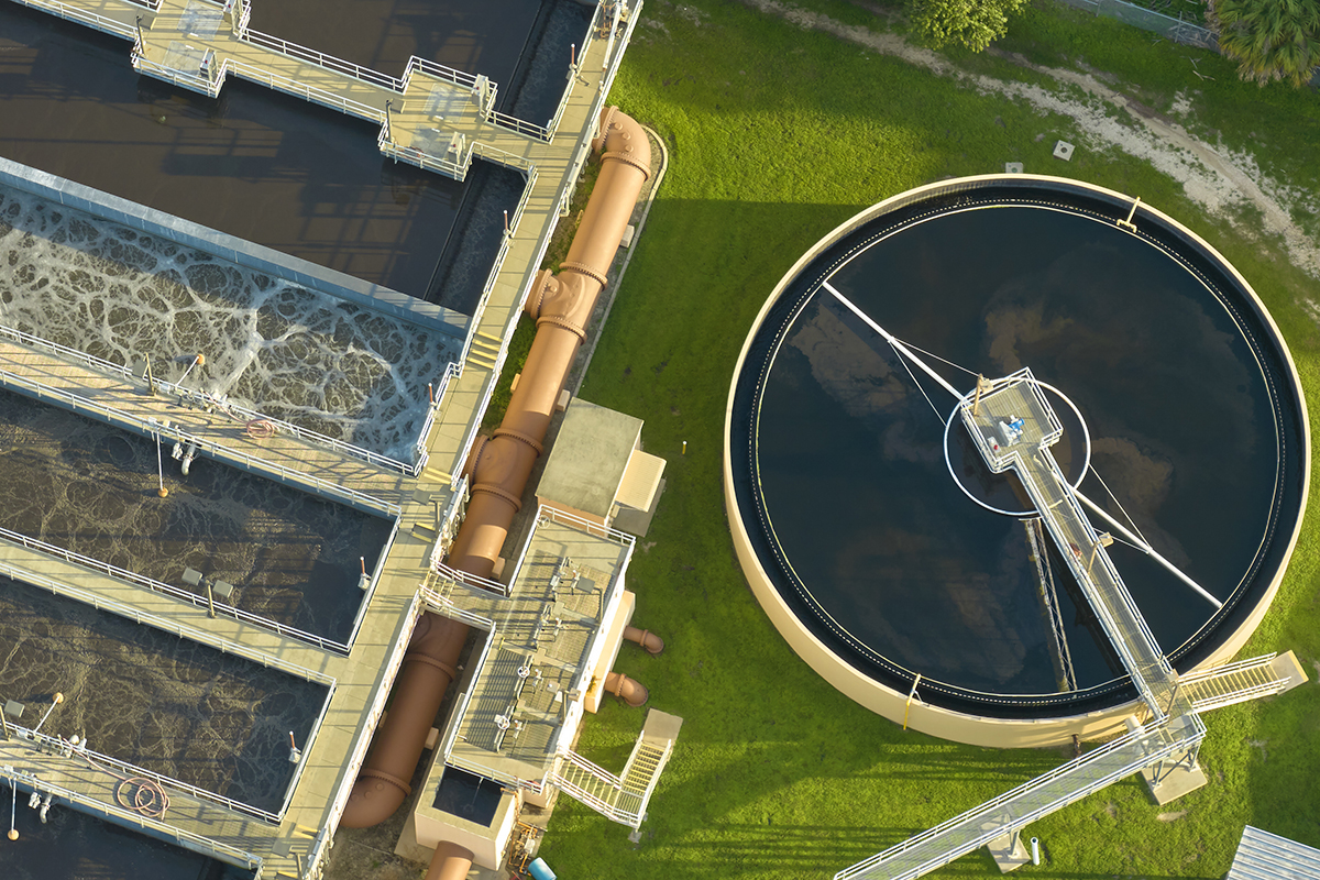 Aerial view of wastewater treatment plant.