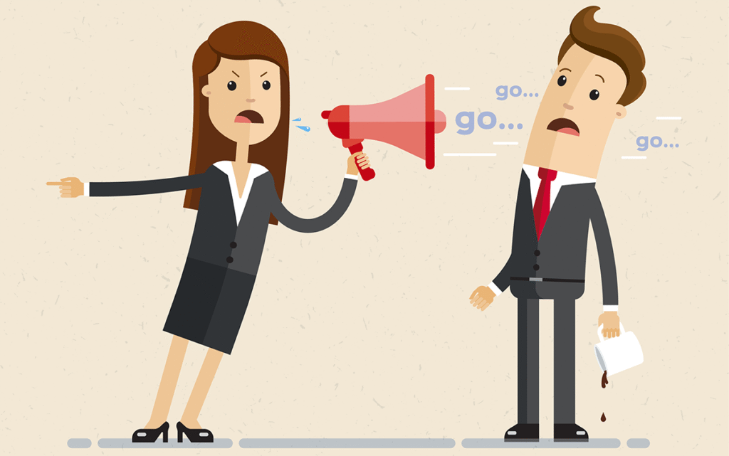 Illustration of two office workers. One is yelling at the other through a bullhorn in a brazen display of incivility.