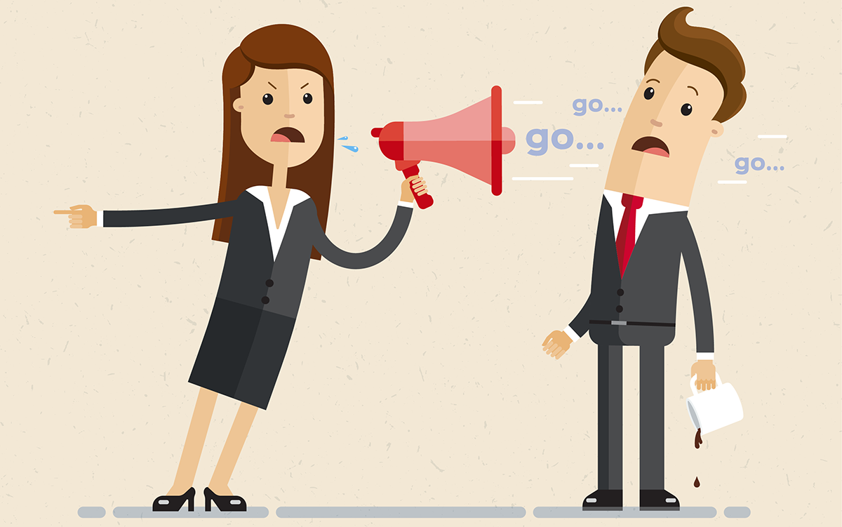 Illustration of two office workers. One is yelling at the other through a bullhorn in a brazen display of incivility.